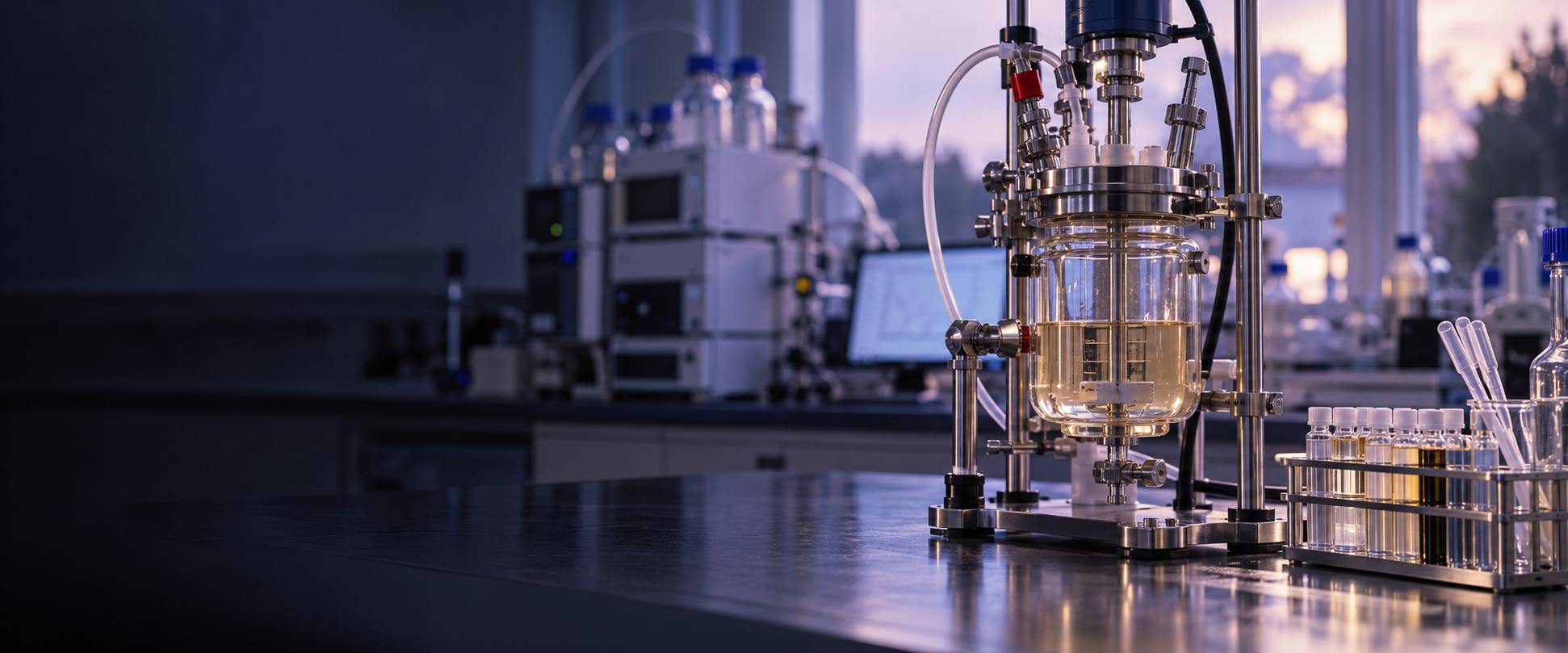 A small jacketed glass process chemistry reactor, sample vials and chromatography equipment in a real laboratory